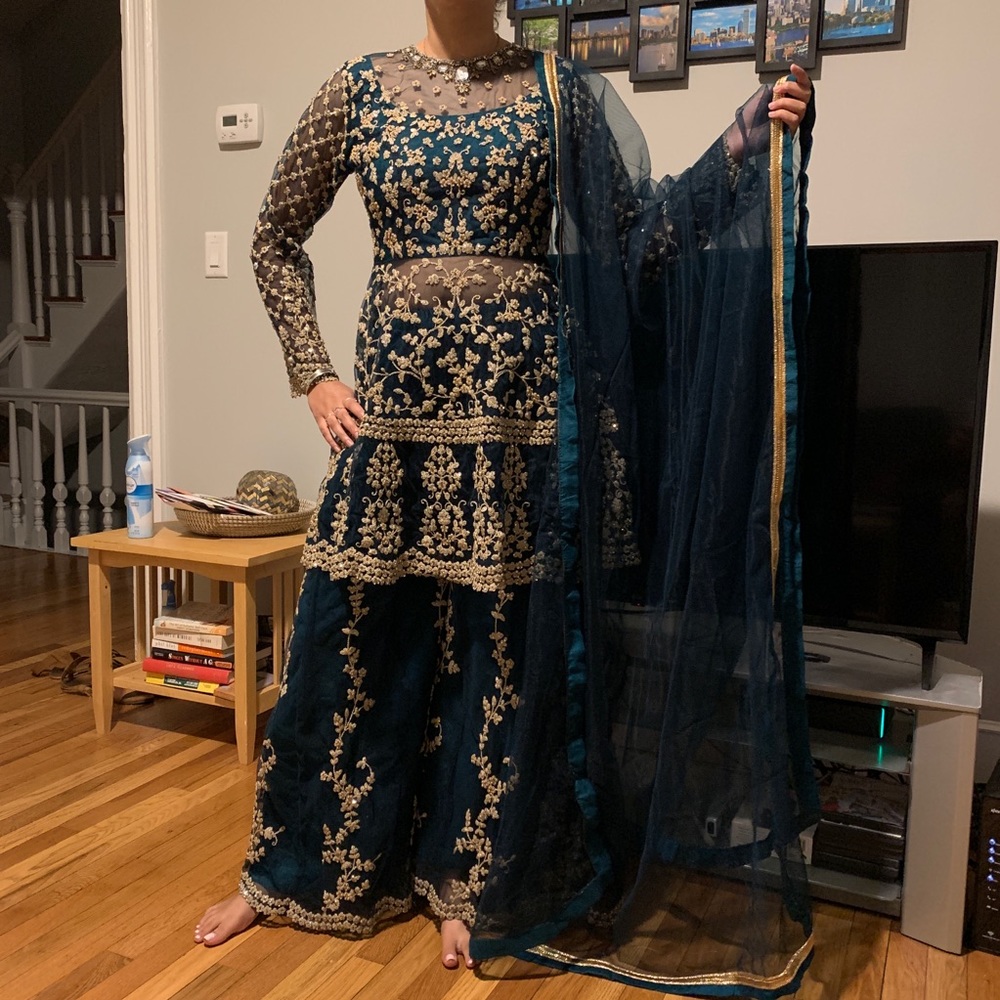 Emerald Green Embroidered Palazzo Suit